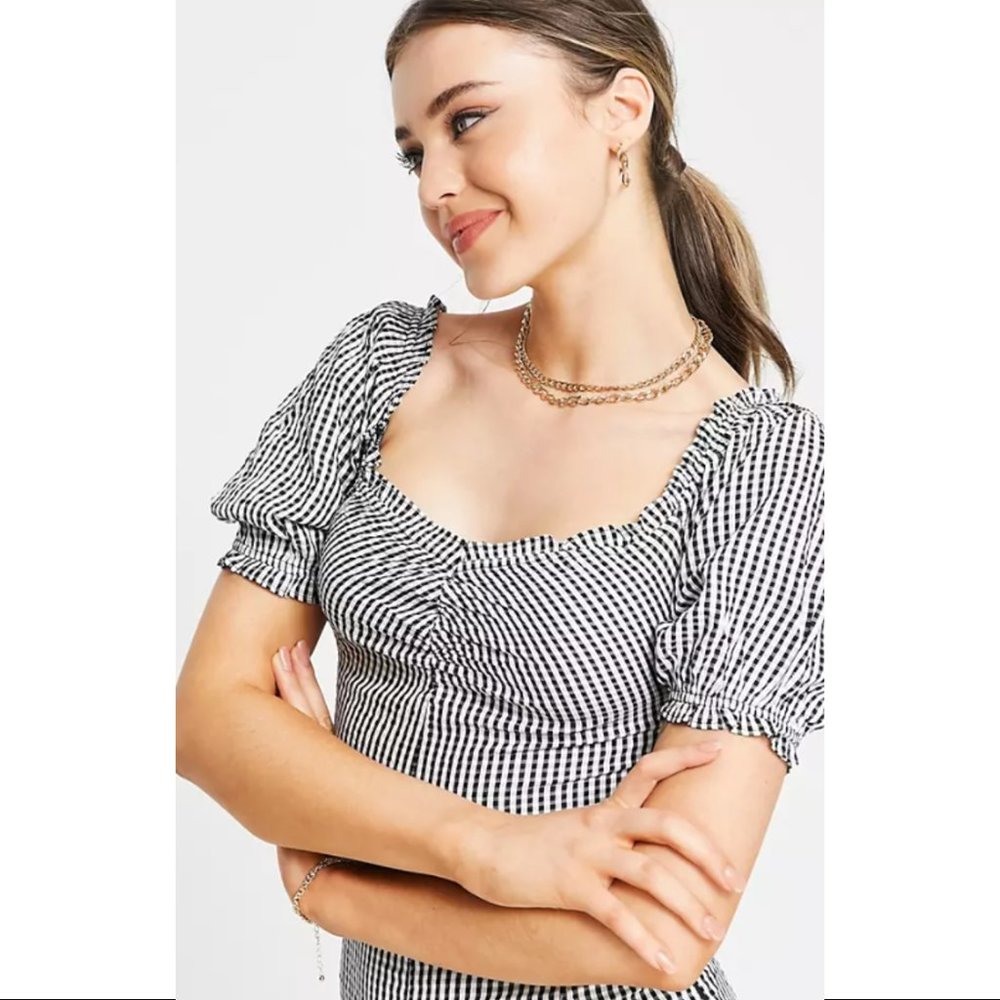 Monki Nala jumpsuit with sweetheart neckline in black gingham